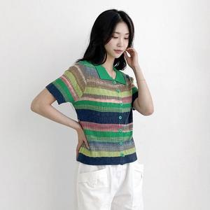 여자 반소매 줄무늬 카라넥 레인보우 가디건