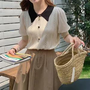 [유니제이] 달키 배색 카라 퍼프 반팔 니트티