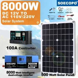 차량용 인버터 8000W 휴대용 태양광 발전소 12V/24V ~ 110V/220V 100A 컨트롤러 캠핑/RV/비상용 500W 패널