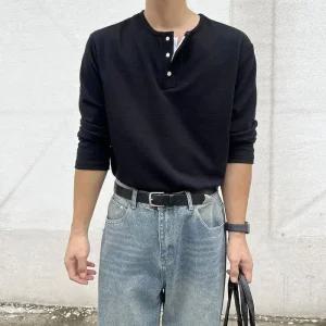 남자 헨리넥 긴팔티 얇은 긴팔 단추 티셔츠