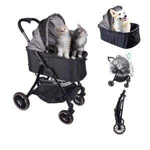 고양이/개 2마리, 분리형 캐리어 및 10인치 휠용 JXMIYACOO 올터레인 고양이 유모차 - 공원, 쇼핑몰 수의사 방문을 위한 회색, 접이식 3-in-1 디자인