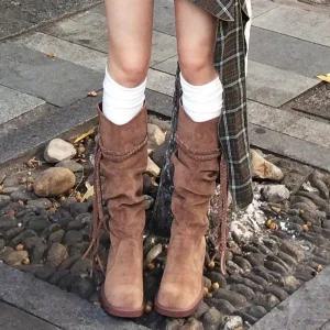 여자 신발 패피 코디 롱부츠 스웨이드 빈티지 웨스턴 부츠 통굽 라운드 롱 더미 라이더 M스포5