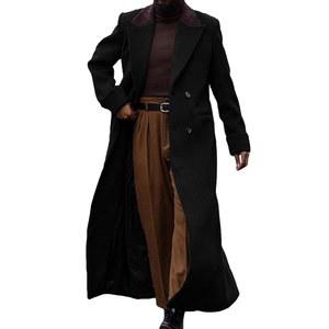 남성 더블 가슴 전체 길이 트렌치코트 캐주얼 노치 라펠 롱 재킷 피코트 울 블렌드 겨울