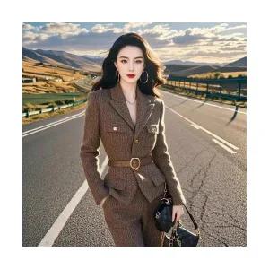 겨울 여자정장세트 여주인공 카키 니트 바지 세트 여 가을 ible4