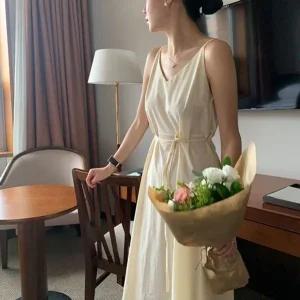 브이넥 스트랩 롱원피스 썸머 린넨 데일리 휴양지룩 (WFK80BM)