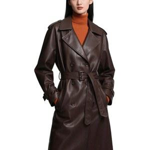utcoco 여성용 인조 가죽 트렌치코트 더블 가슴 벨트 하이 웨이스트 롱 PU 가죽 재킷 가을 겨울 아우터