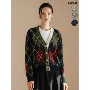 [하프클럽/]여성 울 배색 아가일 버튼 가디건