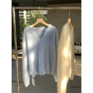 여성 세련된 겨울 스웨터 라쿤털 브이넥 캐시미어 추동 보들보들 앙고라 니트 톱 스포M4