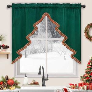 플레이드 헴 그린 벨벳 밸런스 막대 포켓 스웩이 있는 인화 크리스마스 트리 주방 커튼, 카페 욕실용 창문 밸런스, 1 패널