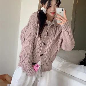 핫핑 [떡볶이단추/폭닥폭닥] 르베디 카라넥 꽈배기 토글 니트가디건