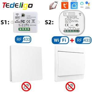 Tedeligo WiFi RF 스마트 스위치 110V 220V 10A 16A 전등 및 자체 전원 키네틱 벽 타이밍 기능, Alexa 지원