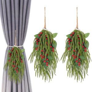 Solsew 2팩 인공 크리스마스 티어드롭 스웨그 커튼 버클, 베리와 솔방울 눈물 방울 문 장식 장식, 휴일 창문 벽 홈 데코레이션용(레드)