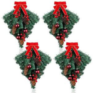 Hiboom 크리스마스 티어드롭 장식 4개, 장식, 눈물 방울 인공 베리 클러스터 솔방울 소품 펜던트, 레드 리본 포함, 실내 실외 벽 문 걸이 장식용