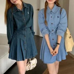 청스커트원피스 데님긴팔스커트 청치마 미니 셔츠형 진청 연청l