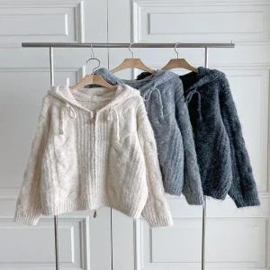 [하프클럽/]여자 클래식 꽈배기 도톰 후드 집업 니트 가디건