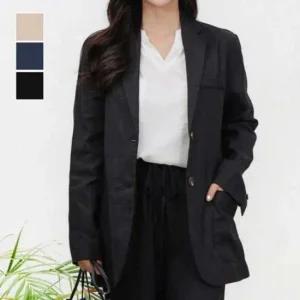 소매 여자상의 포켓 페이크 버튼 패치 린넨자켓 양