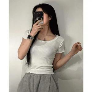 레이스 넥 리본 포인트 골지 티셔츠 반팔 얇은 티 레이스티