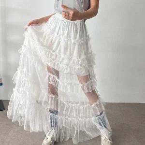 [하프클럽/]여자 발레코어룩 비침 프릴 티어드 롱스커트