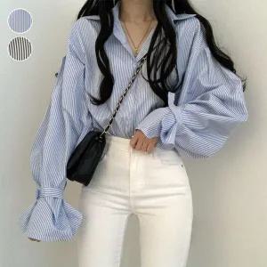 [하프클럽/]여성 세로 스트라이프 벌룬소매 긴팔 셔츠