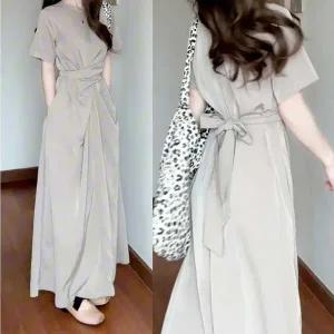 [하프클럽/]여성 여름 롱 원피스 반팔 허리끈 데일리 밴딩 원피스