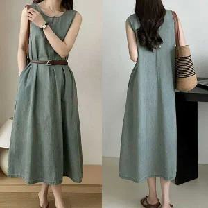 [하프클럽/]허리끈 포함 민소매 청 원피스 롱 원피스 데일리룩