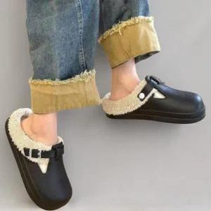 /신상오픈런 여성용 따뜻한 퍼 방한 슬리퍼 버클 스트랩