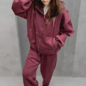 [하프클럽/]여성 스트리트 패션 기모 오버핏 후드 집업 바지 세트