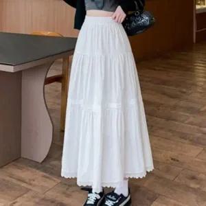 [하프클럽/]여성 밴딩 프릴 화이트 레이스 플레어 롱 스커트 치마