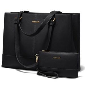 여성용 15.6인치 워크백 가죽 노트북 지갑 클러치 사무용 대형 컴퓨터 서류 가방 비즈니스 교사용 블랙