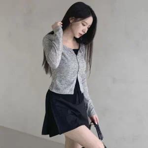 [하프클럽/]여성 레이온 스트레치 배색 레이어드 긴팔 카디건