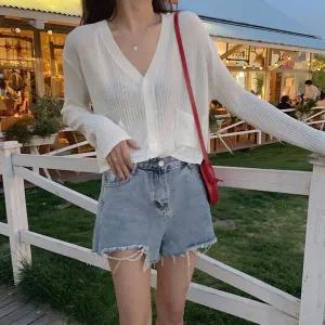 [하프클럽/]여자 썸머 줄무늬 시스루 골지 가디건 JSW-CAS-SP0000BUF-검정