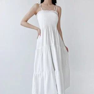 [하프클럽/]여자 튜브탑 끈나시 스모크 롱 원피스 DJW-OPS-SGSSDR100-화이트