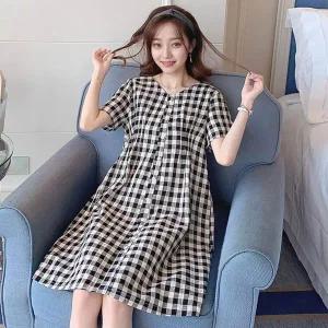 [하프클럽/]여자 브이넥 셔츠 체크 반팔 원피스  LDW-OPS-SSIS504-블랙