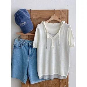 [하프클럽/샵앤]여성 반단추 레이어드 스타일 반팔 후드 니트티 JR-WKN-4531-아