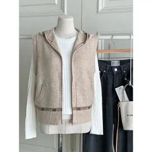 [하프클럽/샵앤]여성 간절기 레이어드 후드 집업 니트 조끼 DGB-WVS-4715-오트