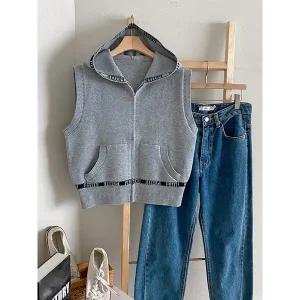 [하프클럽/샵앤]여성 레이어드 간절기 후드 집업 니트 조끼 DGB-WVS-4715-그레