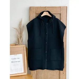 [하프클럽/샵앤]여성 빅포켓 단추여밈 후드 롱 니트 조끼 DGB-WVS-4781-블랙