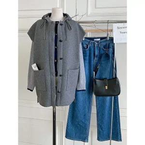 [하프클럽/샵앤]여성 빅포켓 단추여밈 후드 롱 니트 조끼 DGB-WVS-4781-그레이