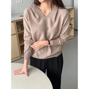 [하프클럽/샵앤]여성 홀가먼트 무지 긴팔 후드 니트 티셔츠 21DS-WKN-4887-블랙