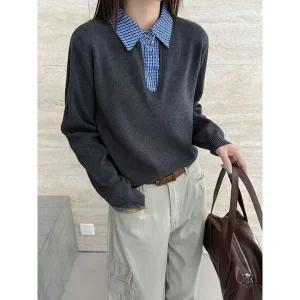 [하프클럽/샵앤]여성 카라넥 체크 셔츠 레이어드 긴팔 니트 티셔츠 21DS-WKN-49