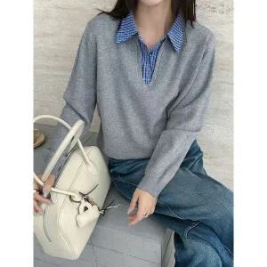 [하프클럽/샵앤]여성 카라넥 체크 셔츠 레이어드 긴팔 니트 티셔츠 21DS-WKN-49