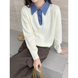 [하프클럽/샵앤]여성 카라넥 체크 셔츠 레이어드 긴팔 니트 티셔츠 21DS-WKN-49