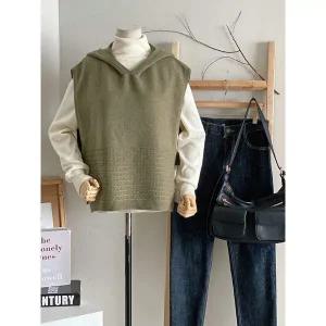 [하프클럽/샵앤]여성 홀판 루즈핏 후드 비조 니트 조끼 DGB-WVS-4935-카키