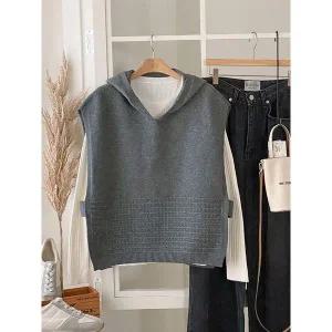 [하프클럽/샵앤]여성 홀판 루즈핏 후드 비조 니트 조끼 DGB-WVS-4935-그레이