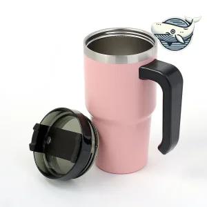 세련된 핑크 스텐 텀블러 빨대 보온보냉 600ml 손잡이 핑크색 물컵