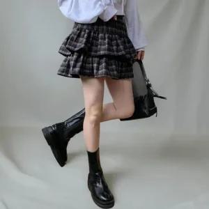 여성 체크 캉캉 미니 스커트 면혼합 프릴 디자인