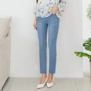 [진마니아]여성 슬림핏 일자 진 연청 워싱 허리밴딩 기본 청바지 빅사이즈 데님 팬츠 슬림 바지