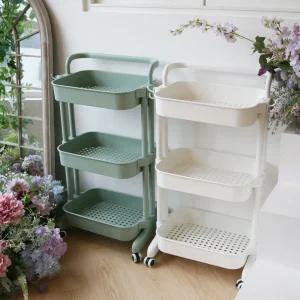 [브이앤비리빙] 문구 다용도실 바퀴달린 선반 트롤리 다용도 수납 모던 파스텔 3단 화이트 민트