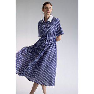 [라온유니버스](LAON) 배색 카라 스트라이프 플레어 원피스_2color