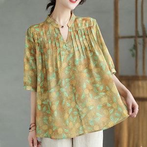 여성 빅사이즈 패션 여름 5부 블라우스 셔링 플라워 나염 루즈핏 무늬 반팔 셔츠 T43